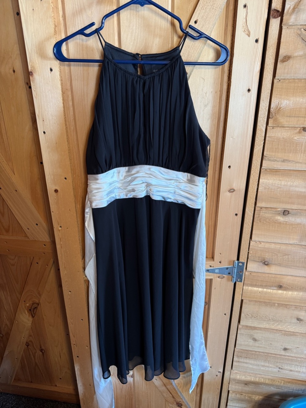 Scarlett Black Dress with White Satin Waist and Draped High-Low Skirt